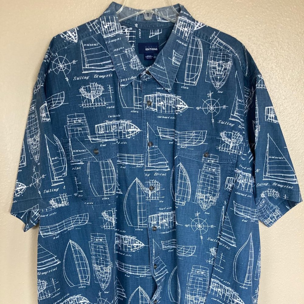 SAILBOAT PLANS SHIRT by BASIC EDITIONS in BLUE & WHITE 4 XL / 4 EG